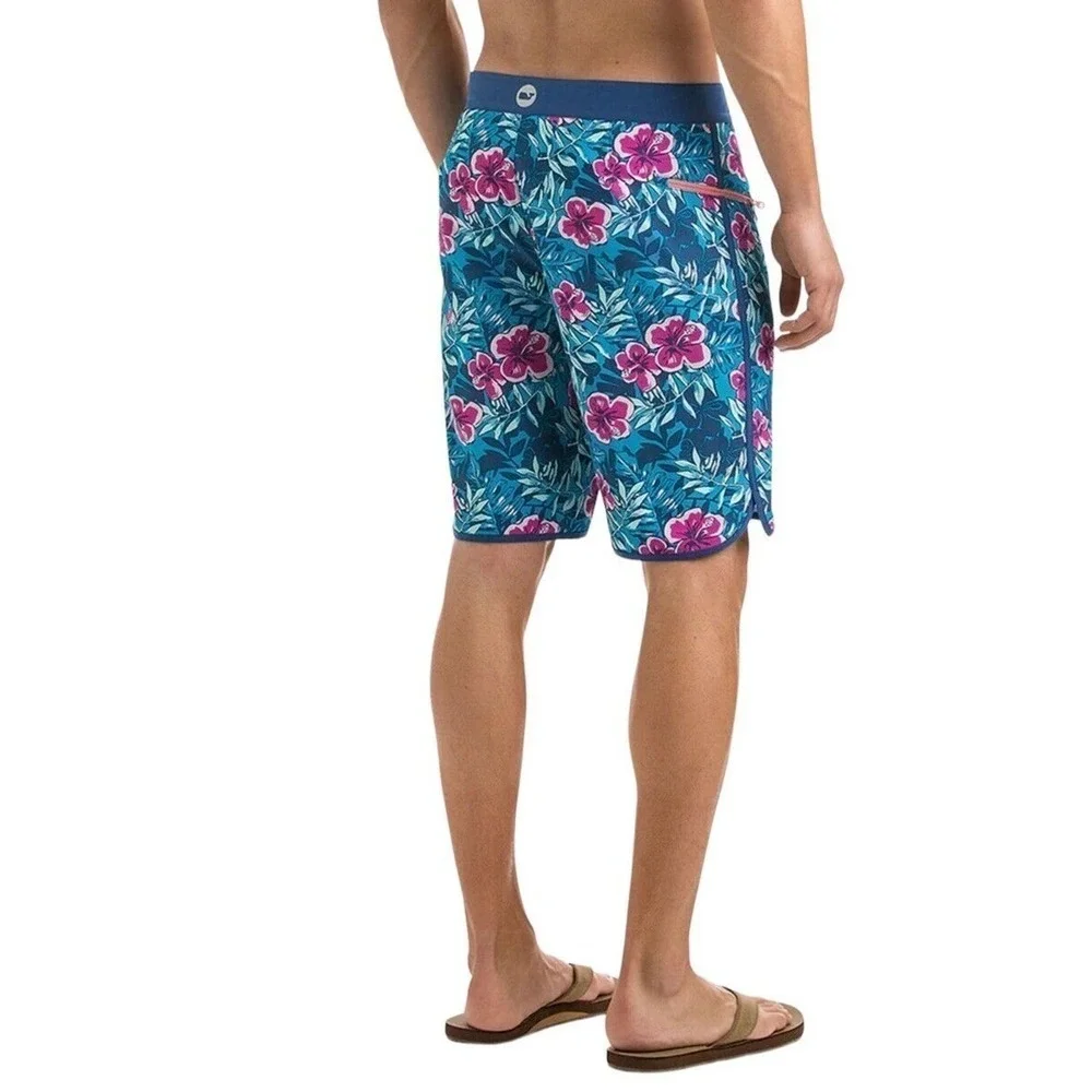 Vineyard Vines Men's Ocean Floral Board Shorts Size 32 Blue Pink Tie Waist Beach